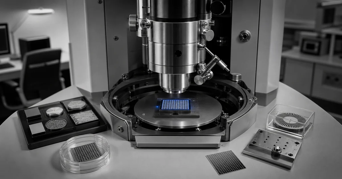 Scanning electron microscope column with calibration reference samples on the stage