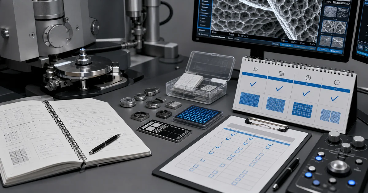 SEM calibration log with periodic check schedule and reference standards