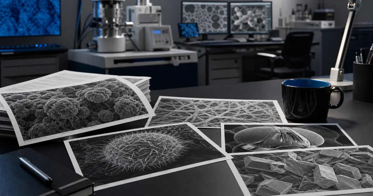 Editorial grayscale overview of SEM instrument columns in a research facility with a subtle blue accent