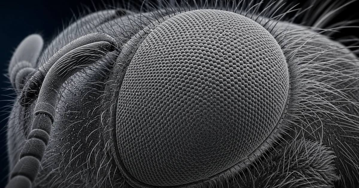 Scanning electron microscope style image of a bee compound eye with dense ommatidia