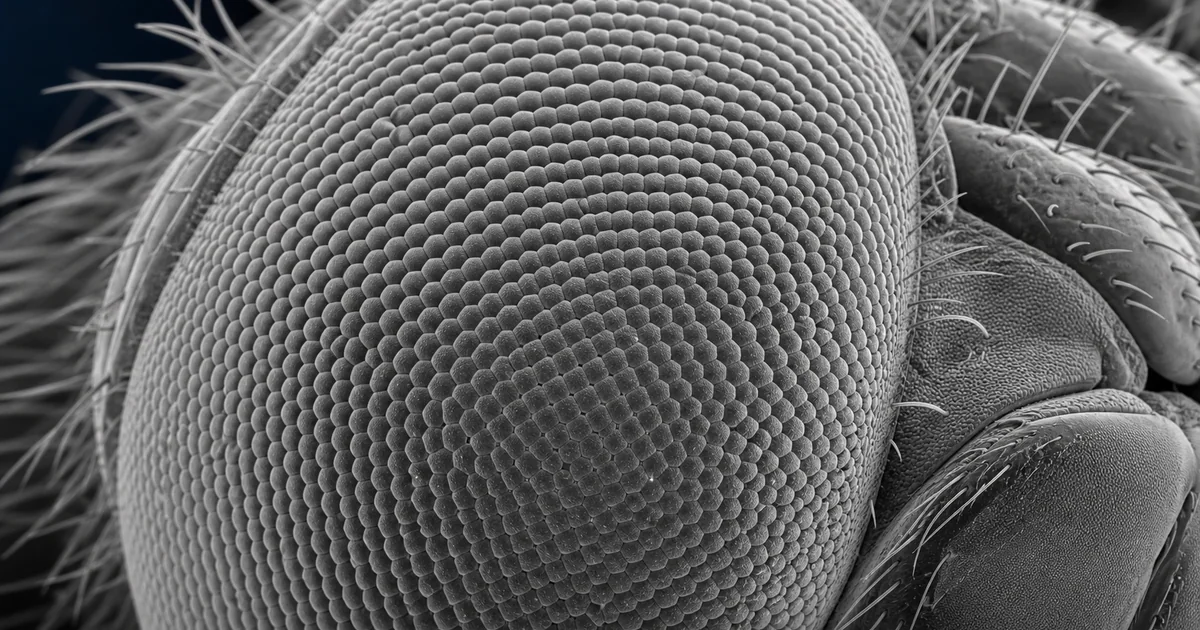 Scanning electron microscope style image of a dragonfly compound eye with dense lens facets