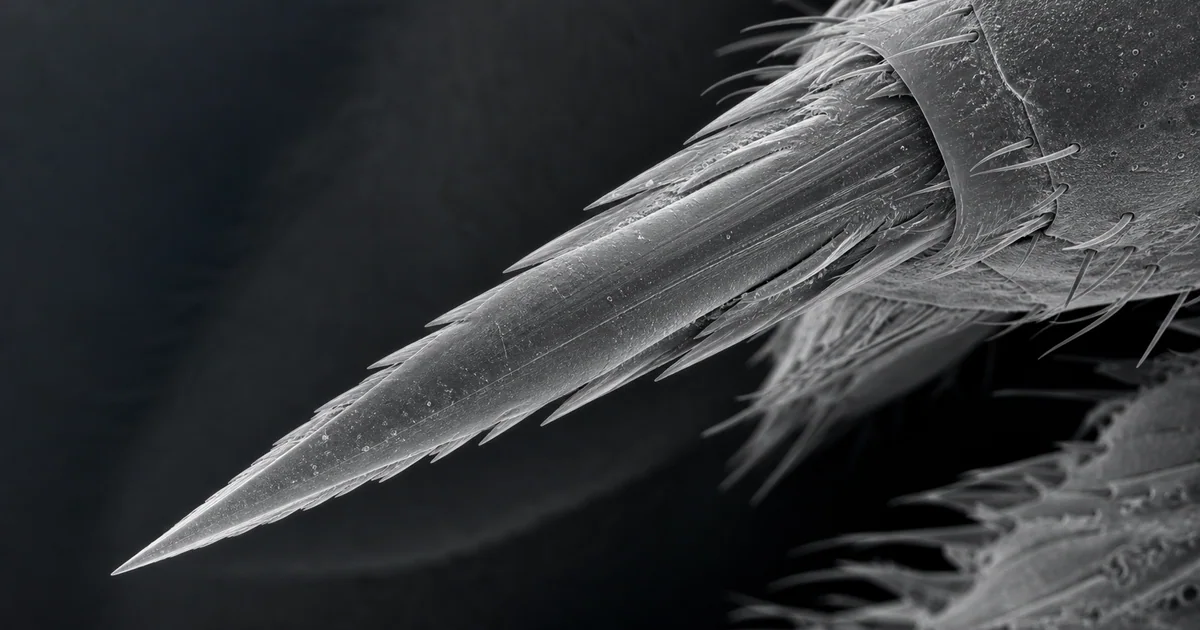 Scanning electron microscope style image of a wasp stinger tip with fine surface ridges