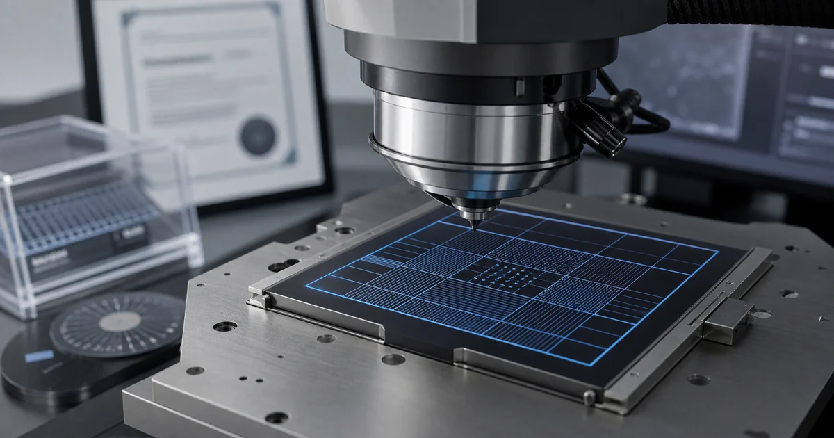 Certified cross-line grid reference sample under SEM with measurement markers