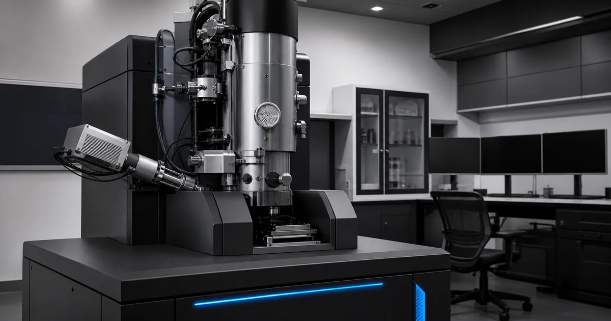 Scanning electron microscope control setup with sample stage and detector geometry in grayscale