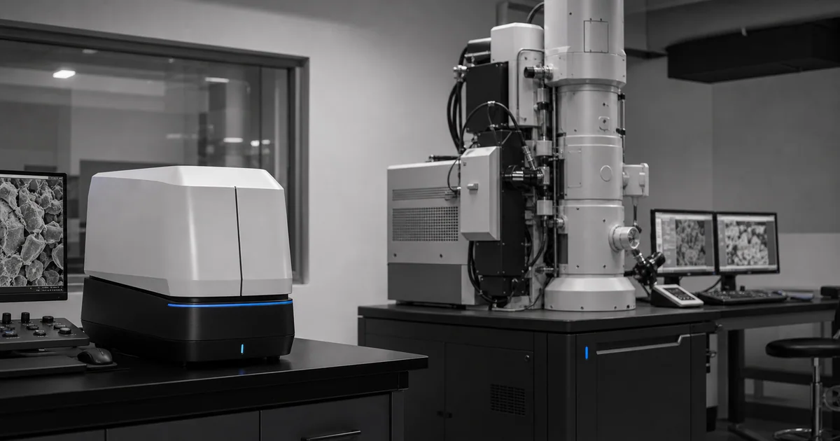 A compact tabletop SEM beside a full-size research SEM in a grayscale laboratory scene with blue accent lines