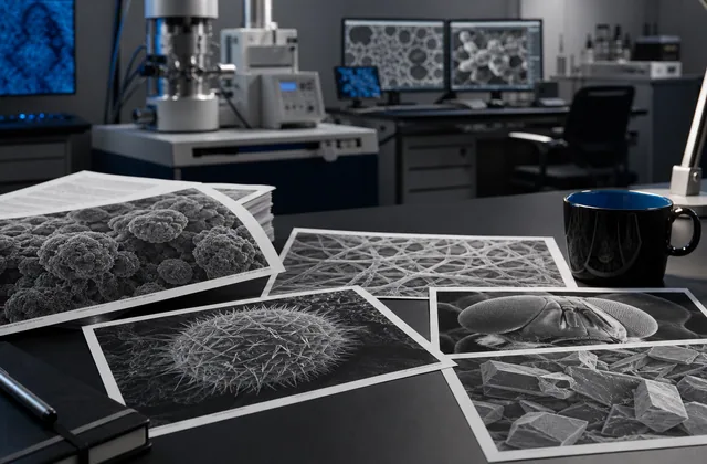 A dark science newsroom desk with SEM research notes and micrographs