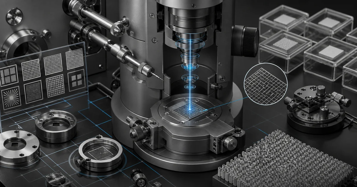 A scanning electron microscope column with calibration reference grids and adjustment knobs, rendered in grayscale